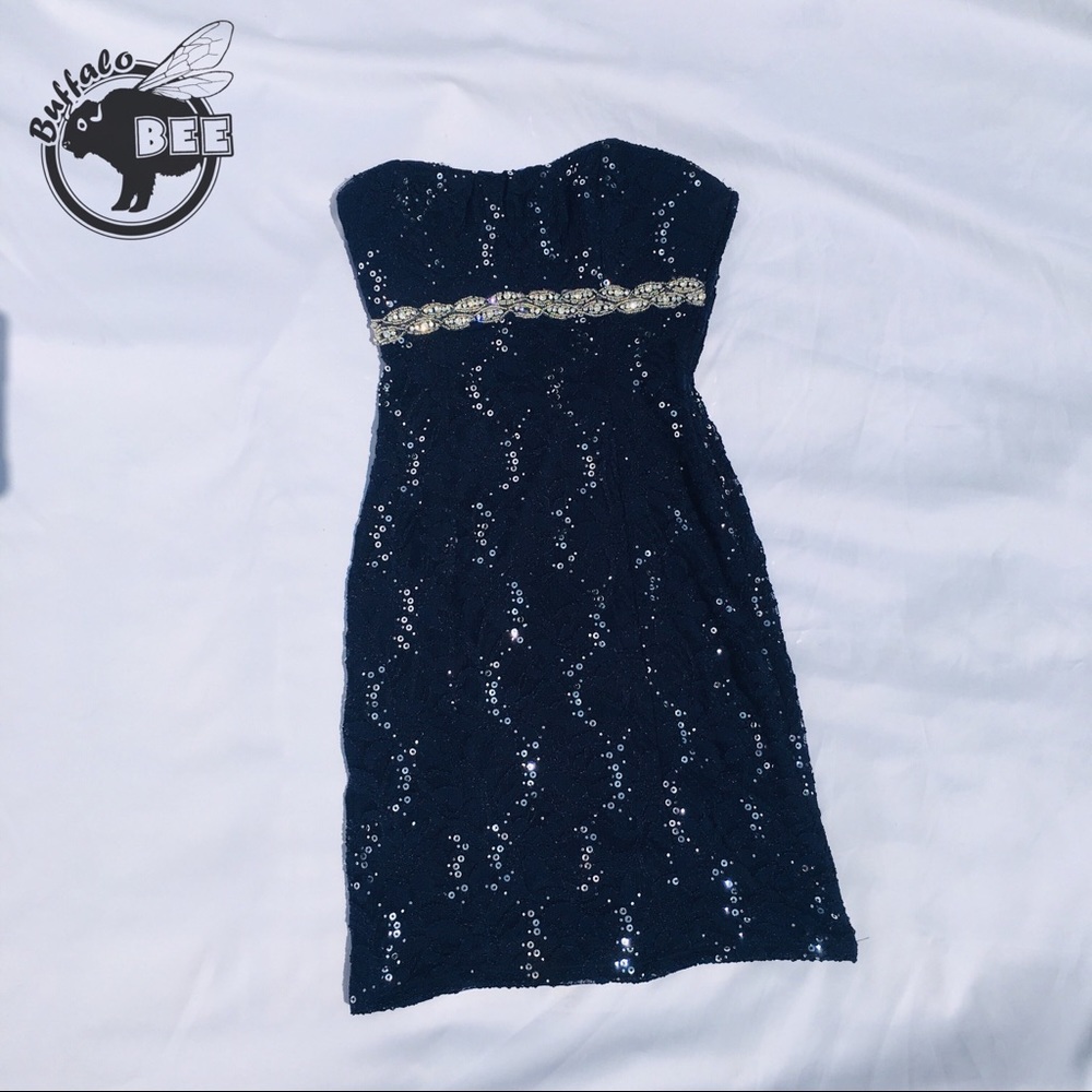 My Michelle strapless blue lace sequin dress size3